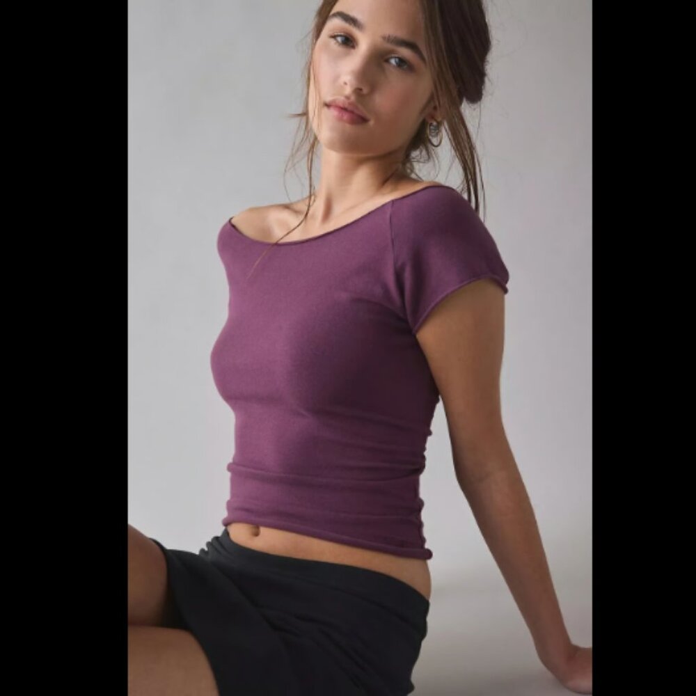 URBAN OUTFITTERS OUT FROM UNDER COTTON COMPRESSION MAUVE WINE BOATNECK TOP TEE